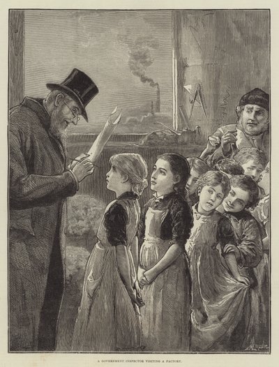 Een regeringsinspecteur bezoekt een fabriek door Alfred Edward Emslie